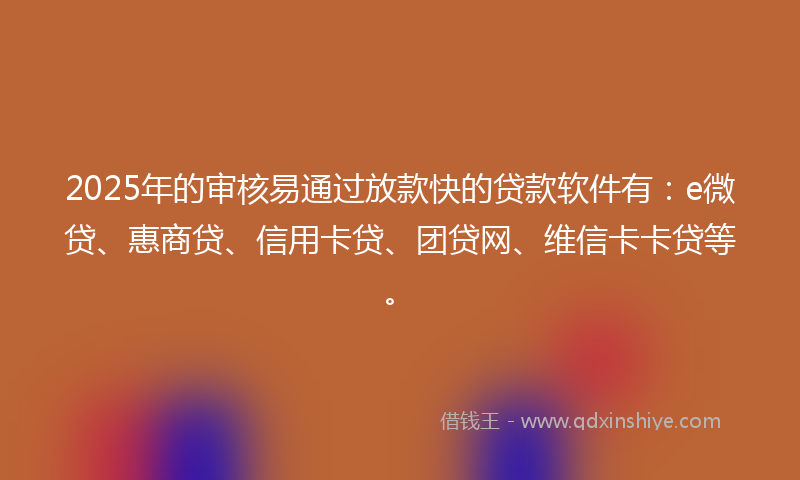 2025年的审核易通过放款快的贷款软件有：e微贷、惠商贷、信用卡贷、团贷网、维信卡卡贷等。