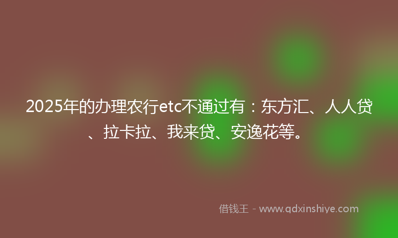 2025年的办理农行etc不通过有：东方汇、人人贷、拉卡拉、我来贷、安逸花等。