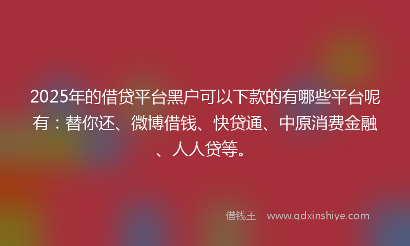 2025年的借贷平台黑户可以下款的有哪些平台呢有：替你还、微博借钱、快贷通、中原消费金融、人人贷等。