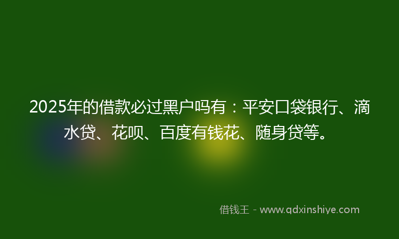 2025年的借款必过黑户吗有：平安口袋银行、滴水贷、花呗、百度有钱花、随身贷等。