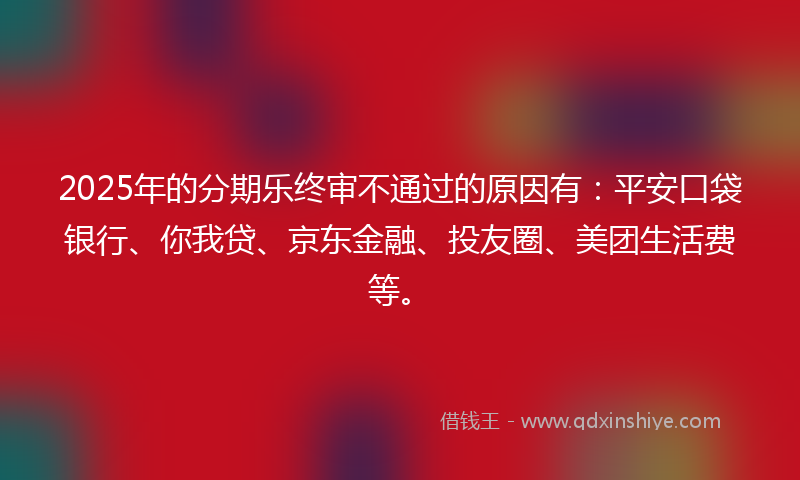 2025年的分期乐终审不通过的原因有：平安口袋银行、你我贷、京东金融、投友圈、美团生活费等。