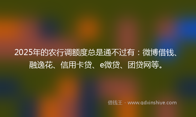 2025年的农行调额度总是通不过有：微博借钱、融逸花、信用卡贷、e微贷、团贷网等。
