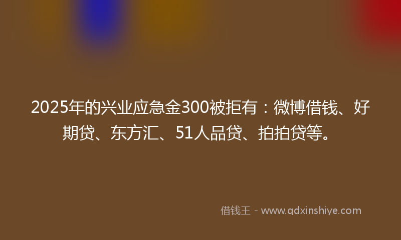 2025年的兴业应急金300被拒有：微博借钱、好期贷、东方汇、51人品贷、拍拍贷等。