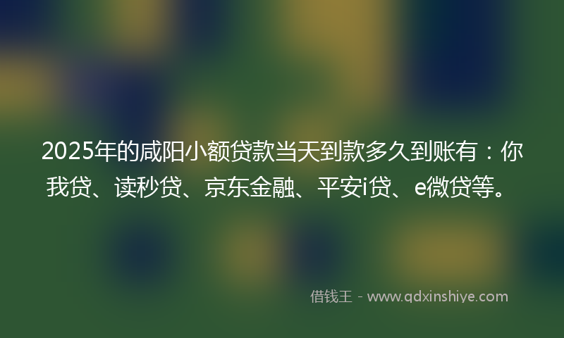 2025年的咸阳小额贷款当天到款多久到账有：你我贷、读秒贷、京东金融、平安i贷、e微贷等。
