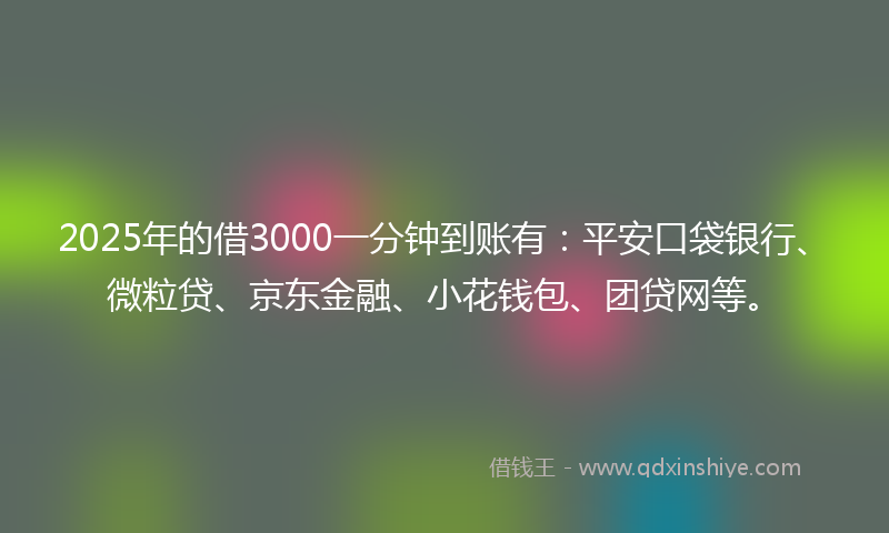 2025年的借3000一分钟到账有：平安口袋银行、微粒贷、京东金融、小花钱包、团贷网等。