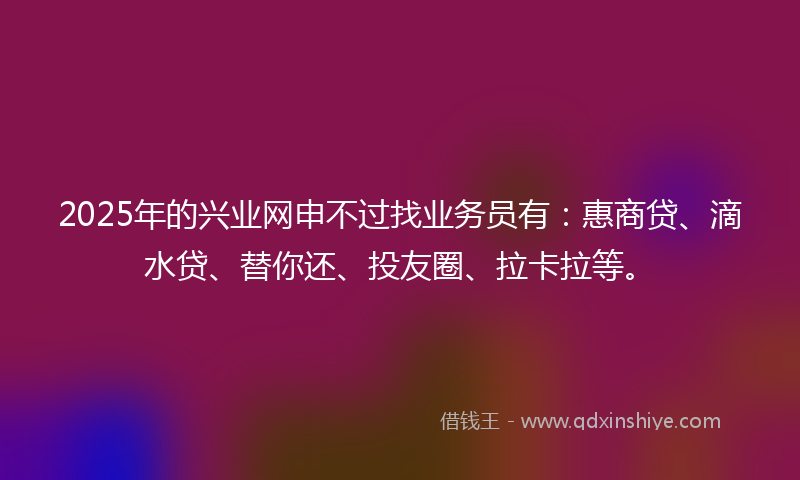 2025年的兴业网申不过找业务员有：惠商贷、滴水贷、替你还、投友圈、拉卡拉等。