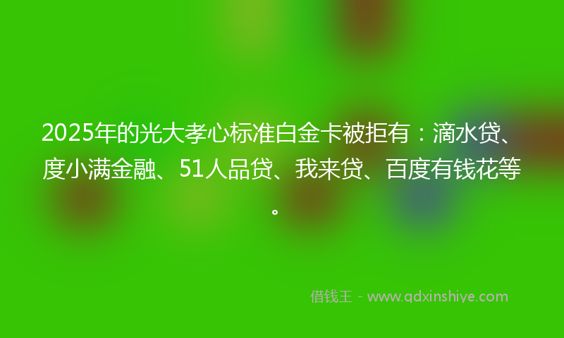 2025年的光大孝心标准白金卡被拒有：滴水贷、度小满金融、51人品贷、我来贷、百度有钱花等。