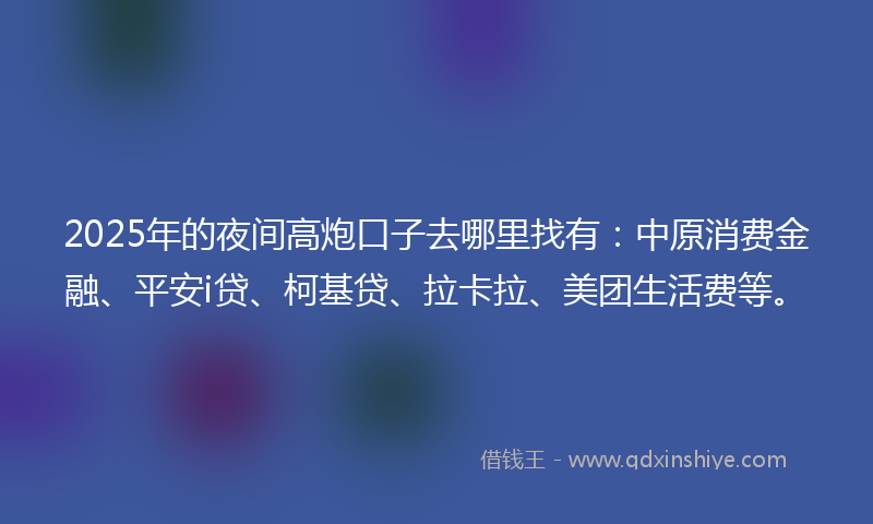 2025年的夜间高炮口子去哪里找有：中原消费金融、平安i贷、柯基贷、拉卡拉、美团生活费等。