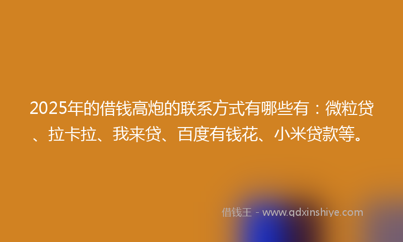 2025年的借钱高炮的联系方式有哪些有：微粒贷、拉卡拉、我来贷、百度有钱花、小米贷款等。
