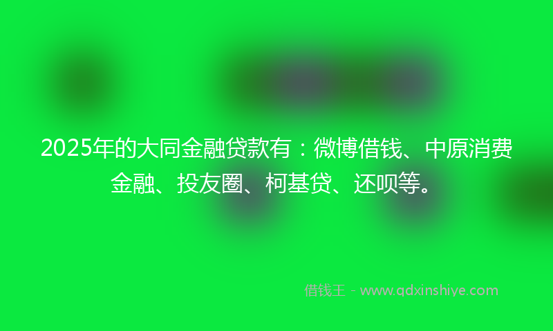 2025年的大同金融贷款有：微博借钱、中原消费金融、投友圈、柯基贷、还呗等。