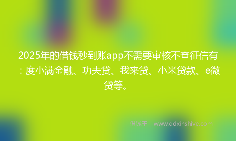 2025年的借钱秒到账app不需要审核不查征信有：度小满金融、功夫贷、我来贷、小米贷款、e微贷等。