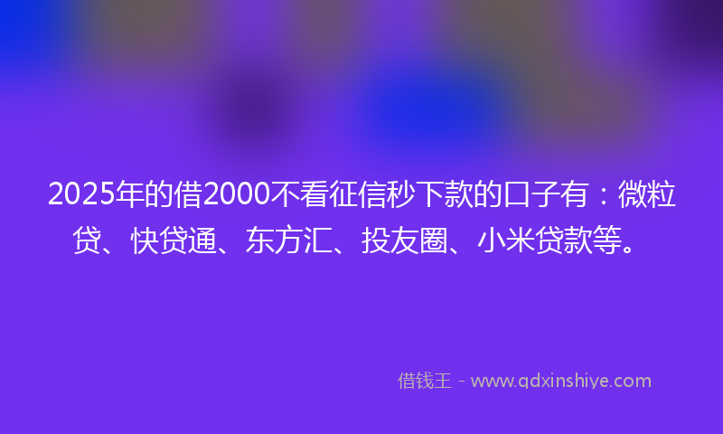 2025年的借2000不看征信秒下款的口子有：微粒贷、快贷通、东方汇、投友圈、小米贷款等。
