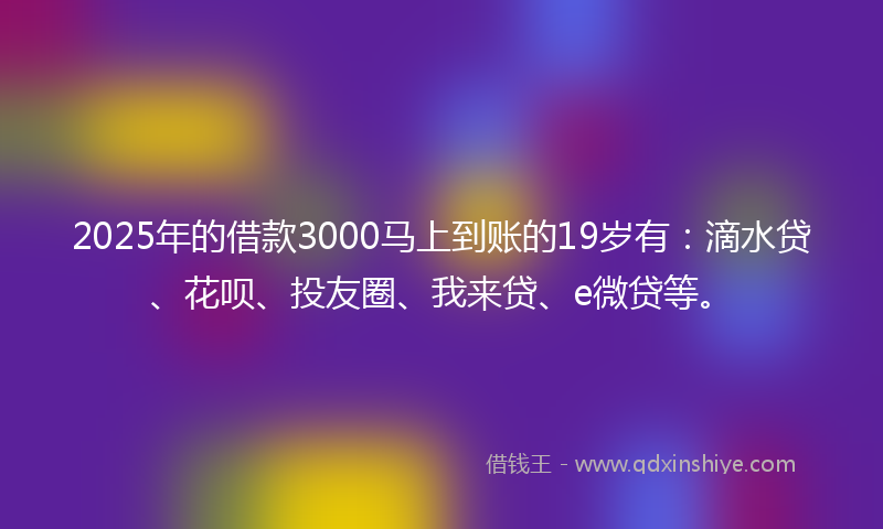 2025年的借款3000马上到账的19岁有：滴水贷、花呗、投友圈、我来贷、e微贷等。