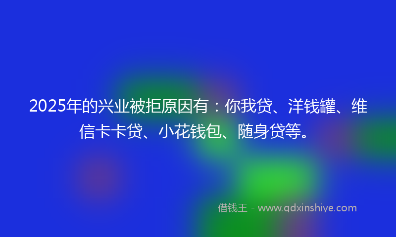 2025年的兴业被拒原因有：你我贷、洋钱罐、维信卡卡贷、小花钱包、随身贷等。