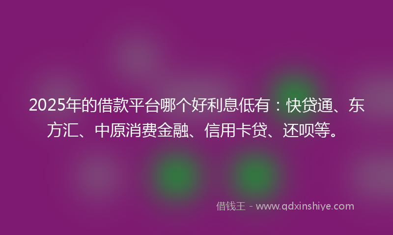 2025年的借款平台哪个好利息低有：快贷通、东方汇、中原消费金融、信用卡贷、还呗等。