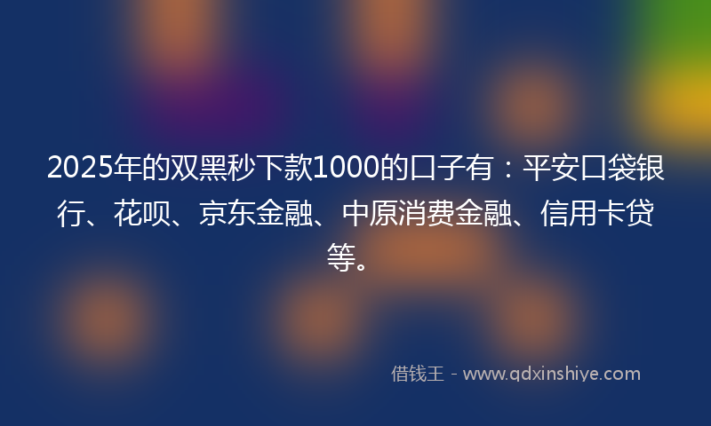 2025年的双黑秒下款1000的口子有：平安口袋银行、花呗、京东金融、中原消费金融、信用卡贷等。