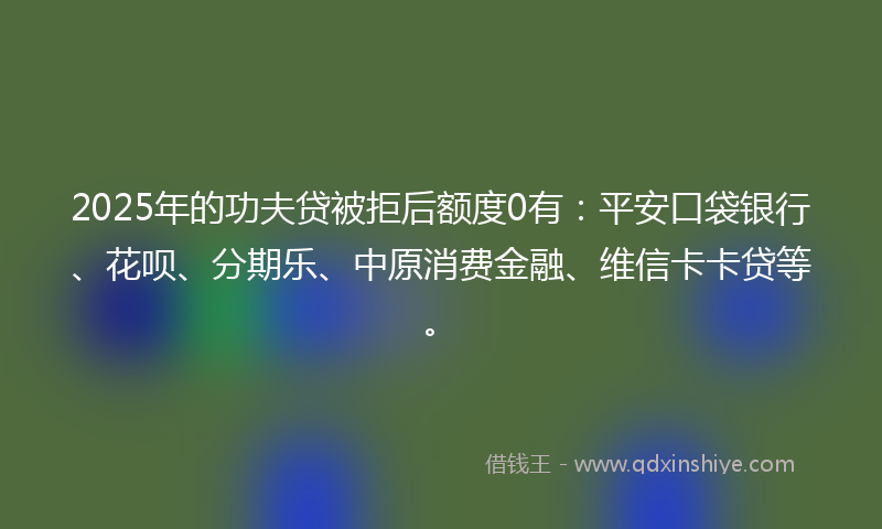 2025年的功夫贷被拒后额度0有：平安口袋银行、花呗、分期乐、中原消费金融、维信卡卡贷等。