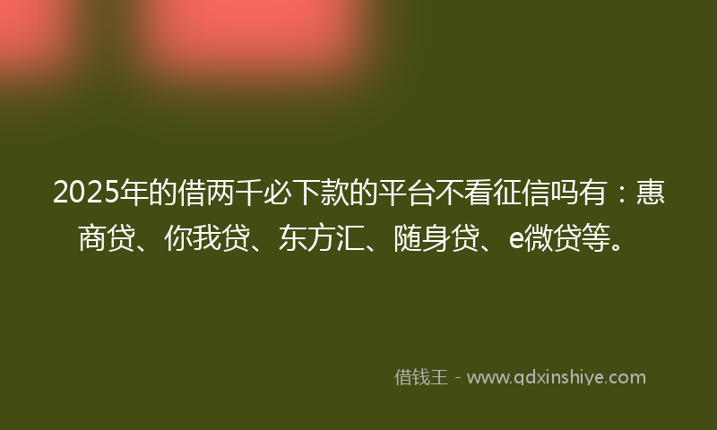 2025年的借两千必下款的平台不看征信吗有：惠商贷、你我贷、东方汇、随身贷、e微贷等。