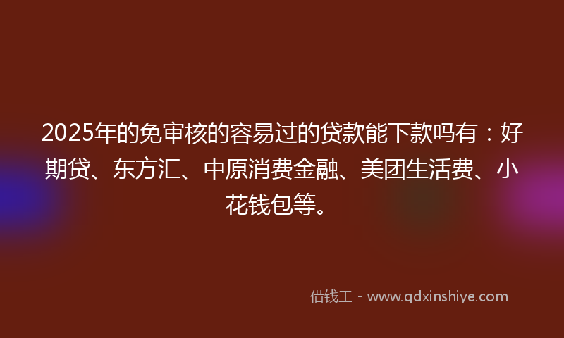 2025年的免审核的容易过的贷款能下款吗有：好期贷、东方汇、中原消费金融、美团生活费、小花钱包等。