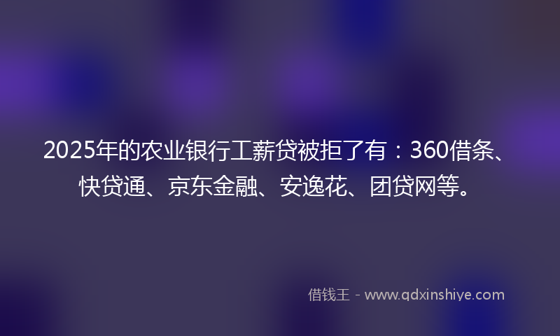 2025年的农业银行工薪贷被拒了有：360借条、快贷通、京东金融、安逸花、团贷网等。