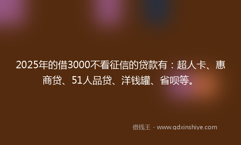 2025年的借3000不看征信的贷款有：超人卡、惠商贷、51人品贷、洋钱罐、省呗等。