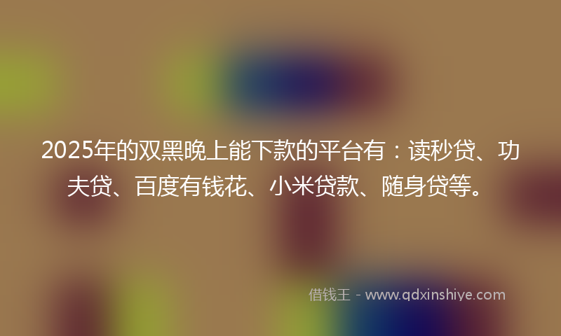 2025年的双黑晚上能下款的平台有：读秒贷、功夫贷、百度有钱花、小米贷款、随身贷等。