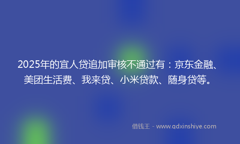 2025年的宜人贷追加审核不通过有：京东金融、美团生活费、我来贷、小米贷款、随身贷等。