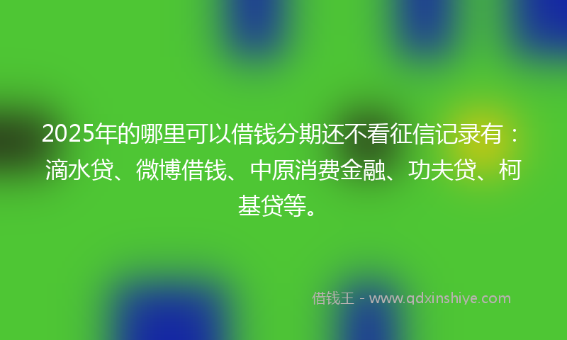 2025年的哪里可以借钱分期还不看征信记录有：滴水贷、微博借钱、中原消费金融、功夫贷、柯基贷等。