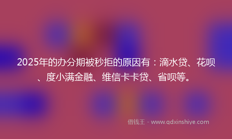 2025年的办分期被秒拒的原因有：滴水贷、花呗、度小满金融、维信卡卡贷、省呗等。