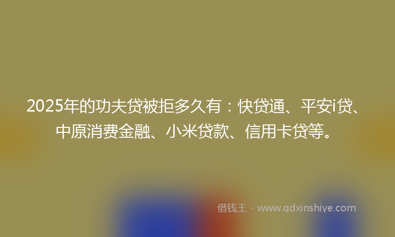 2025年的功夫贷被拒多久有：快贷通、平安i贷、中原消费金融、小米贷款、信用卡贷等。