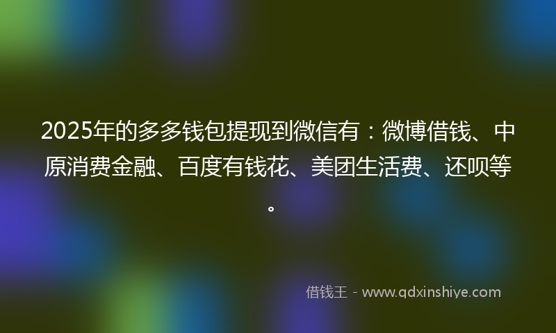 2025年的多多钱包提现到微信有：微博借钱、中原消费金融、百度有钱花、美团生活费、还呗等。