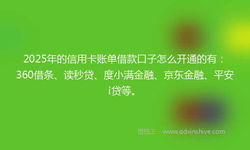 2025年的信用卡账单借款口子怎么开通的有：360借条、读秒贷、度小满金融、京东金融、平安i贷等。