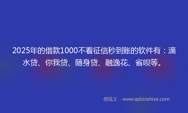 2025年的借款1000不看征信秒到账的软件有：滴水贷、你我贷、随身贷、融逸花、省呗等。