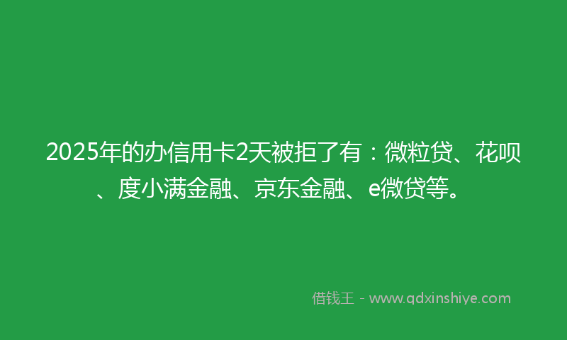 2025年的办信用卡2天被拒了有：微粒贷、花呗、度小满金融、京东金融、e微贷等。