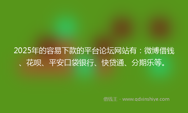 2025年的容易下款的平台论坛网站有：微博借钱、花呗、平安口袋银行、快贷通、分期乐等。