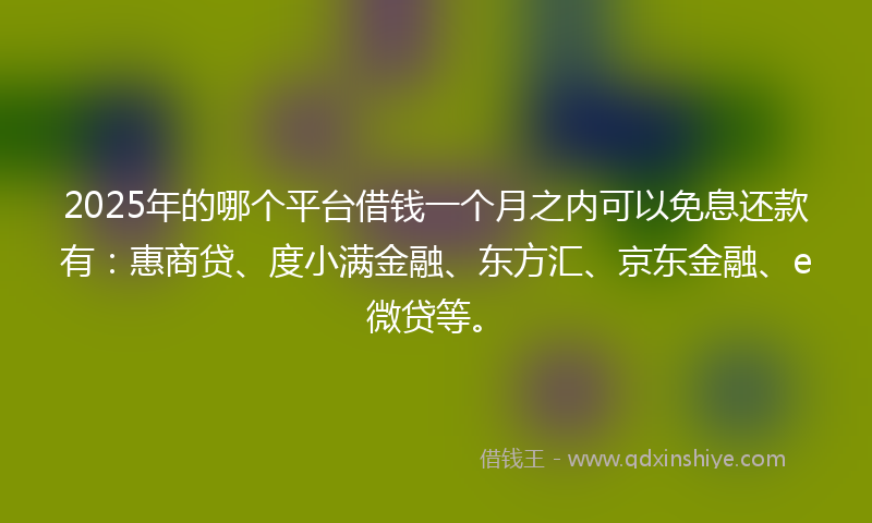 2025年的哪个平台借钱一个月之内可以免息还款有：惠商贷、度小满金融、东方汇、京东金融、e微贷等。