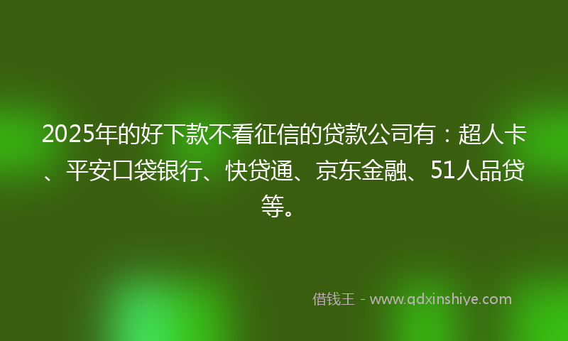 2025年的好下款不看征信的贷款公司有：超人卡、平安口袋银行、快贷通、京东金融、51人品贷等。