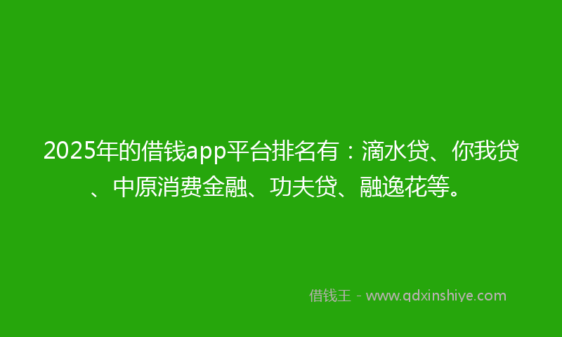 2025年的借钱app平台排名有：滴水贷、你我贷、中原消费金融、功夫贷、融逸花等。