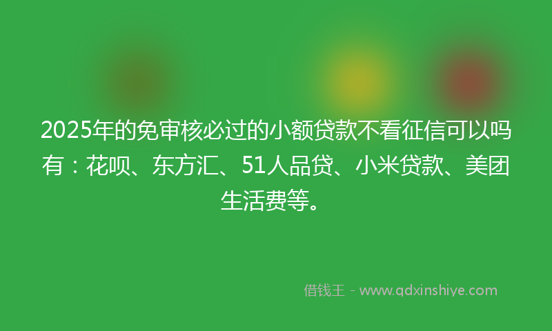 2025年的免审核必过的小额贷款不看征信可以吗有：花呗、东方汇、51人品贷、小米贷款、美团生活费等。