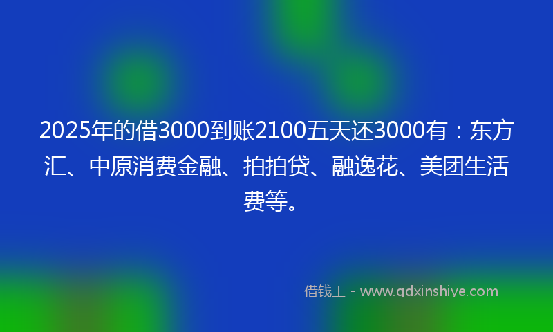2025年的借3000到账2100五天还3000有：东方汇、中原消费金融、拍拍贷、融逸花、美团生活费等。