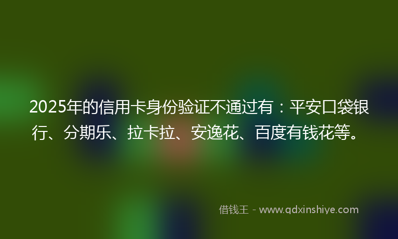 2025年的信用卡身份验证不通过有：平安口袋银行、分期乐、拉卡拉、安逸花、百度有钱花等。