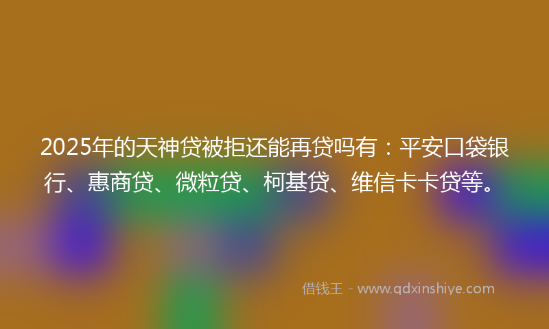 2025年的天神贷被拒还能再贷吗有：平安口袋银行、惠商贷、微粒贷、柯基贷、维信卡卡贷等。