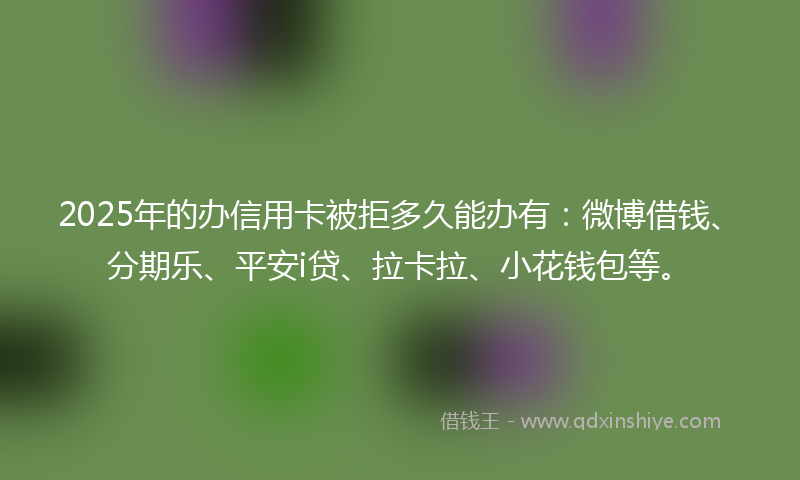 2025年的办信用卡被拒多久能办有：微博借钱、分期乐、平安i贷、拉卡拉、小花钱包等。