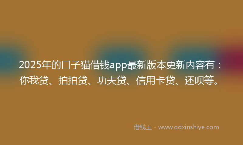 2025年的口子猫借钱app最新版本更新内容有：你我贷、拍拍贷、功夫贷、信用卡贷、还呗等。