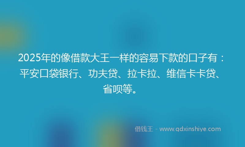 2025年的像借款大王一样的容易下款的口子有：平安口袋银行、功夫贷、拉卡拉、维信卡卡贷、省呗等。