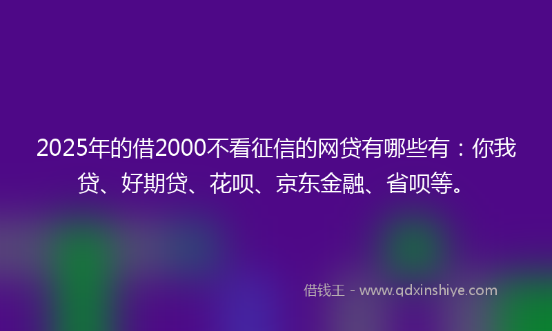 2025年的借2000不看征信的网贷有哪些有：你我贷、好期贷、花呗、京东金融、省呗等。