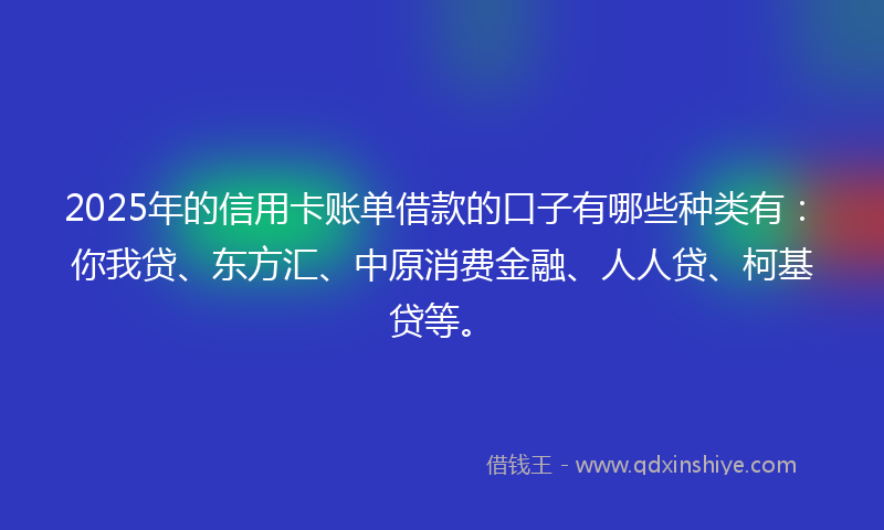 2025年的信用卡账单借款的口子有哪些种类有：你我贷、东方汇、中原消费金融、人人贷、柯基贷等。