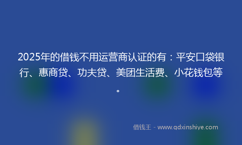 2025年的借钱不用运营商认证的有：平安口袋银行、惠商贷、功夫贷、美团生活费、小花钱包等。