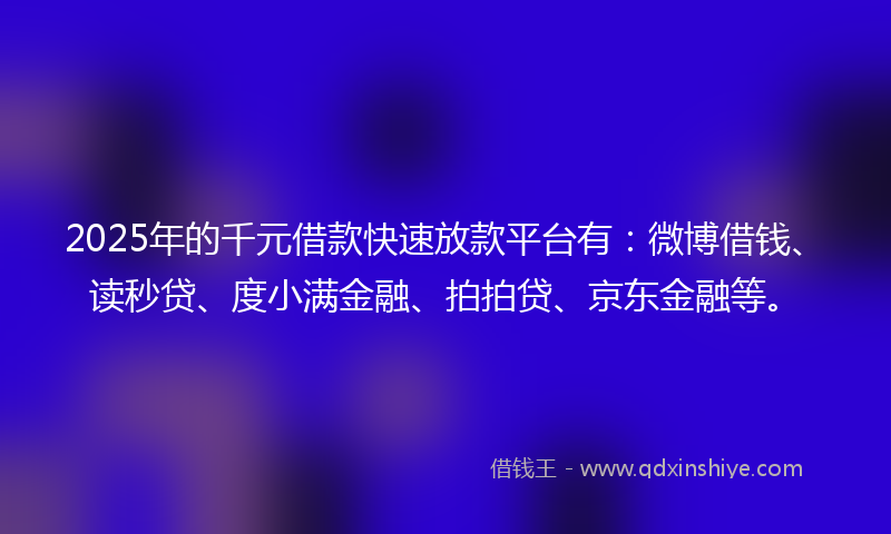 2025年的千元借款快速放款平台有：微博借钱、读秒贷、度小满金融、拍拍贷、京东金融等。