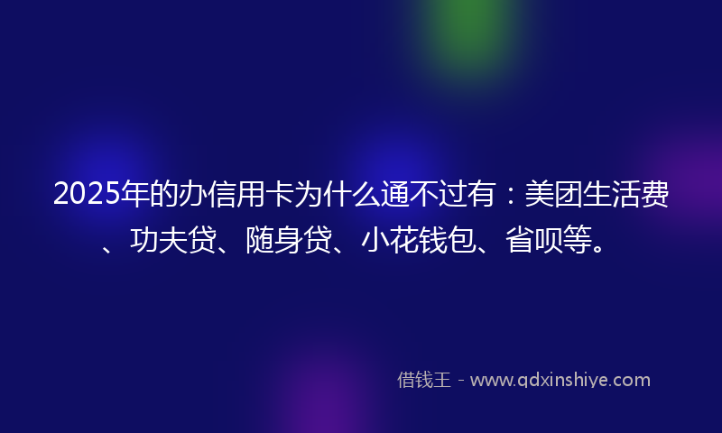2025年的办信用卡为什么通不过有：美团生活费、功夫贷、随身贷、小花钱包、省呗等。
